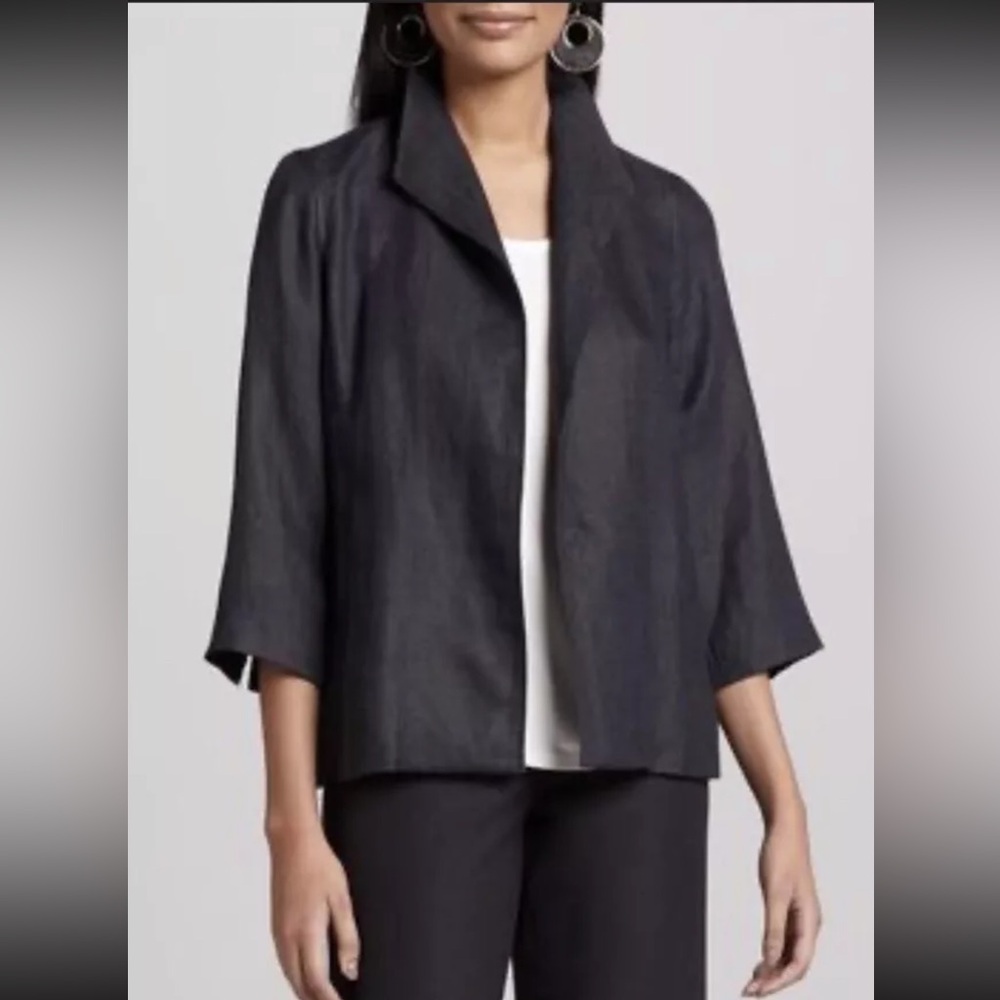 Eileen Fisher Blazer Sz PL Gray Textured Silk 3/4 SLV Open Stand Collar EXELLENT